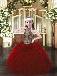Stunning Wine Red Girls Pageant Dresses Party and Quinceanera with Beading and Ruffles Halter Top Sleeveless Lace Up