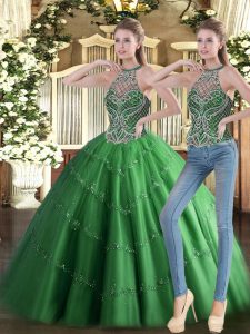 Affordable Green Ball Gowns Tulle High-neck Sleeveless Beading Floor Length Lace Up Vestidos de Quinceanera