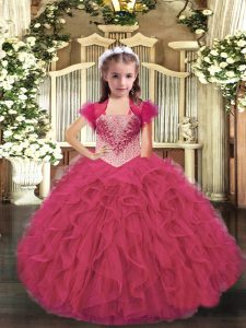 Charming Sleeveless Organza Floor Length Lace Up Evening Gowns in Hot Pink with Beading and Ruffles