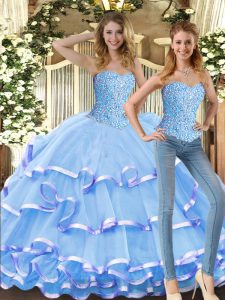 Sleeveless Floor Length Beading and Ruffled Layers Lace Up Sweet 16 Dresses with Baby Blue