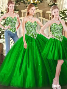 Elegant Sweetheart Sleeveless 15th Birthday Dress Floor Length Beading Green Tulle