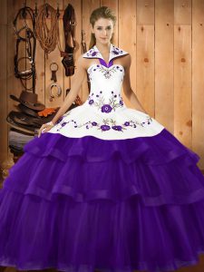 Dramatic Purple Lace Up Halter Top Embroidery and Ruffled Layers 15 Quinceanera Dress Organza Sleeveless Sweep Train