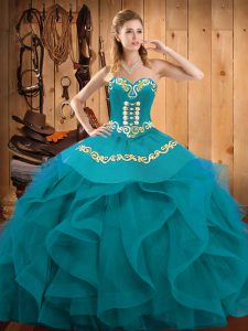 Traditional Floor Length Lace Up 15 Quinceanera Dress Teal and Turquoise for Military Ball and Sweet 16 and Quinceanera with Embroidery and Ruffles