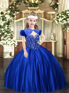 Pretty Floor Length Royal Blue Little Girls Pageant Dress Straps Sleeveless Lace Up