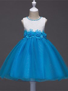 Beauteous Baby Blue Zipper Pageant Dress for Girls Lace and Hand Made Flower Sleeveless Knee Length