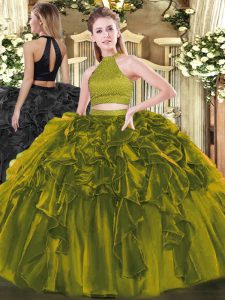 Organza Halter Top Sleeveless Backless Beading and Ruffles Quinceanera Gowns in Olive Green