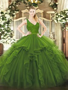 Ball Gowns Quinceanera Gown Olive Green V-neck Organza Sleeveless Floor Length Backless