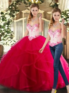 Top Selling Sweetheart Sleeveless Quince Ball Gowns Floor Length Beading and Ruffles Hot Pink Organza
