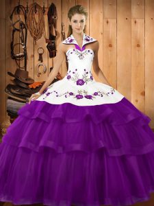 Organza Sleeveless Quince Ball Gowns Sweep Train and Embroidery and Ruffled Layers