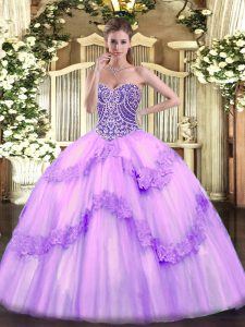 Lavender Sleeveless Tulle Lace Up Quince Ball Gowns for Military Ball and Sweet 16 and Quinceanera