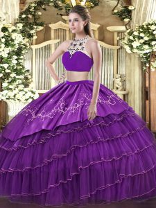 Purple Two Pieces Tulle High-neck Sleeveless Beading and Embroidery and Ruffled Layers Floor Length Backless Vestidos de Quinceanera