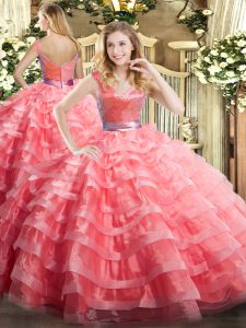 Watermelon Red Organza Zipper V-neck Sleeveless Floor Length Quinceanera Gown Ruffled Layers