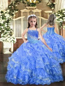 Baby Blue Straps Neckline Beading and Ruffled Layers Little Girls Pageant Gowns Sleeveless Lace Up