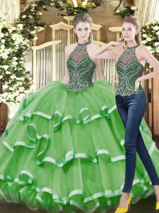 Captivating High-neck Sleeveless Lace Up Ball Gown Prom Dress Green Organza