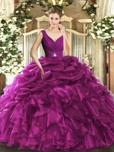 On Sale Sleeveless Organza Floor Length Backless Quinceanera Dresses in Fuchsia with Beading and Ruffles