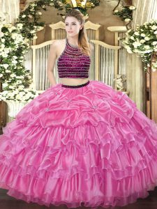 Romantic Rose Pink Zipper Sweet 16 Quinceanera Dress Beading and Ruffled Layers Sleeveless Floor Length