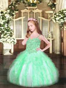 Top Selling Floor Length Apple Green Child Pageant Dress Organza Sleeveless Appliques and Ruffles