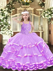Luxurious Lilac Sleeveless Floor Length Beading and Ruffled Layers Lace Up Pageant Dress for Womens