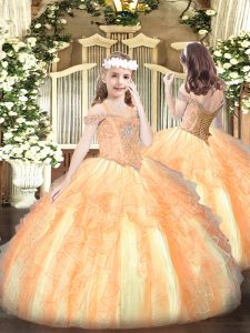 Off The Shoulder Sleeveless Little Girls Pageant Dress Floor Length Beading and Ruffles Orange Organza