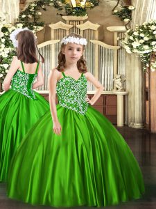 Straps Sleeveless Kids Formal Wear Floor Length Beading Green Satin