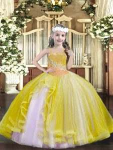 Trendy Light Yellow Child Pageant Dress Party and Quinceanera with Beading Straps Sleeveless Lace Up