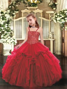 Straps Sleeveless Organza Winning Pageant Gowns Beading and Ruffles Lace Up