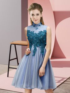 Perfect Blue Sleeveless Appliques Knee Length Dama Dress for Quinceanera