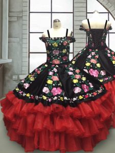 Exquisite Sleeveless Organza Floor Length Lace Up Little Girls Pageant Gowns in Red And Black with Embroidery and Ruffled Layers