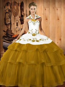 Super Brown Ball Gowns Halter Top Sleeveless Satin and Organza Brush Train Lace Up Embroidery and Ruffled Layers Vestidos de Quinceanera