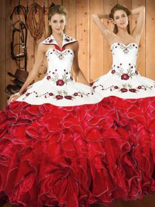 Admirable White And Red Halter Top Neckline Embroidery and Ruffles Quinceanera Dresses Sleeveless Lace Up