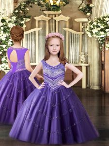 Lavender Ball Gowns Tulle Scoop Sleeveless Beading Floor Length Lace Up Little Girl Pageant Gowns