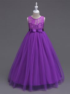 Floor Length Zipper Pageant Dress for Womens Purple for Wedding Party with Lace