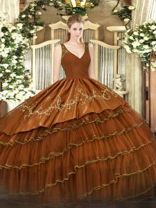 Rust Red Organza and Taffeta Backless V-neck Sleeveless Floor Length Quinceanera Gown Beading and Lace and Embroidery and Ruffled Layers