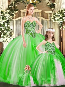 Hot Sale Green Tulle Lace Up Sweetheart Sleeveless Floor Length Quinceanera Gown Beading