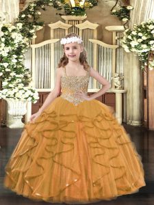 Orange Ball Gowns Beading and Ruffles Pageant Dress Wholesale Lace Up Tulle Sleeveless Floor Length
