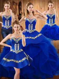 Sleeveless Floor Length Embroidery and Ruffles Lace Up Quinceanera Gown with Blue