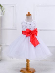 White Sleeveless Knee Length Bowknot Zipper Little Girl Pageant Dress