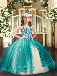 Hot Selling Tulle Straps Sleeveless Lace Up Beading Little Girls Pageant Gowns in Teal
