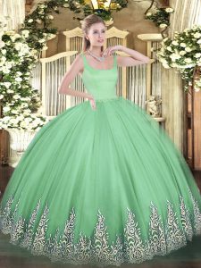 Apple Green Ball Gowns Tulle Straps Sleeveless Appliques Floor Length Zipper Quinceanera Dresses