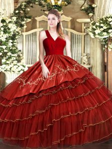 Hot Sale Floor Length Zipper Vestidos de Quinceanera Wine Red for Military Ball and Sweet 16 with Embroidery and Ruffled Layers
