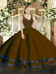 Ball Gowns Quinceanera Gowns Brown V-neck Organza Sleeveless Floor Length Backless