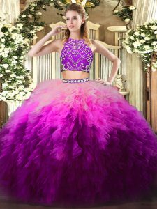 Amazing Floor Length Multi-color Quinceanera Gowns Tulle Sleeveless Beading and Ruffles