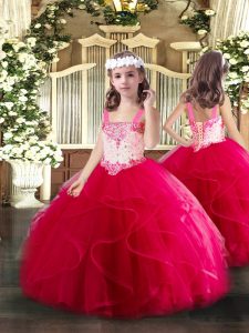 Eye-catching Hot Pink Pageant Dress Womens Party and Quinceanera with Beading and Ruffles Straps Sleeveless Lace Up