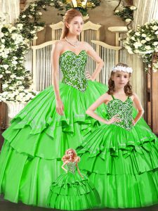 Charming Green Organza Lace Up Vestidos de Quinceanera Sleeveless Floor Length Beading and Ruffled Layers