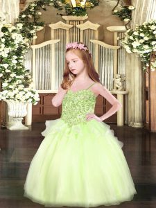 Unique Spaghetti Straps Sleeveless Little Girl Pageant Dress Floor Length Appliques Yellow Green Organza