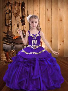Cheap Purple Ball Gowns Straps Sleeveless Organza Floor Length Lace Up Embroidery and Ruffles Little Girls Pageant Dress