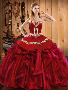 Adorable Wine Red Ball Gowns Sweetheart Sleeveless Satin and Organza Floor Length Lace Up Embroidery and Ruffles 15 Quinceanera Dress