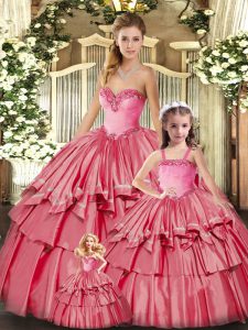 Watermelon Red Organza Lace Up Sweet 16 Dresses Sleeveless Floor Length Ruffled Layers