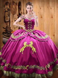 Spectacular Fuchsia Quinceanera Dresses Sweet 16 and Quinceanera with Beading and Embroidery Off The Shoulder Sleeveless Lace Up