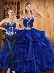 Sumptuous Royal Blue Sweetheart Neckline Embroidery and Ruffles Quinceanera Dress Sleeveless Lace Up